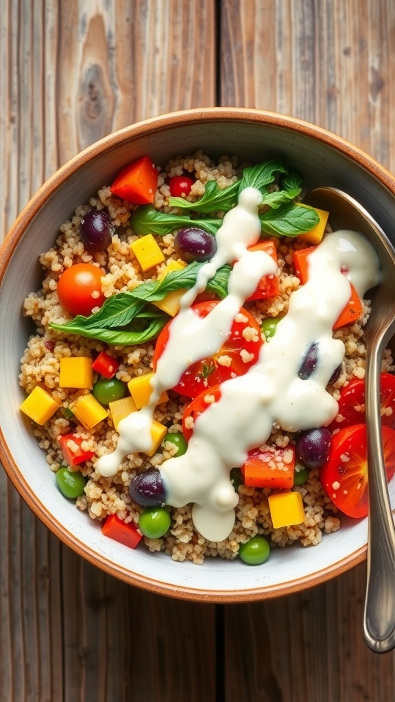 Creamy Quinoa Bowl Sauce Recipe A bowl of quinoa with colorful vegetables and creamy sauce on a rustic table.